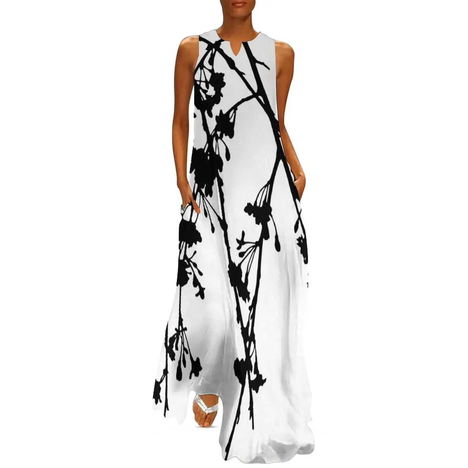 

Weeping Cherry Tree Branch, Black and White Color Long Dress Long dress woman cute dress