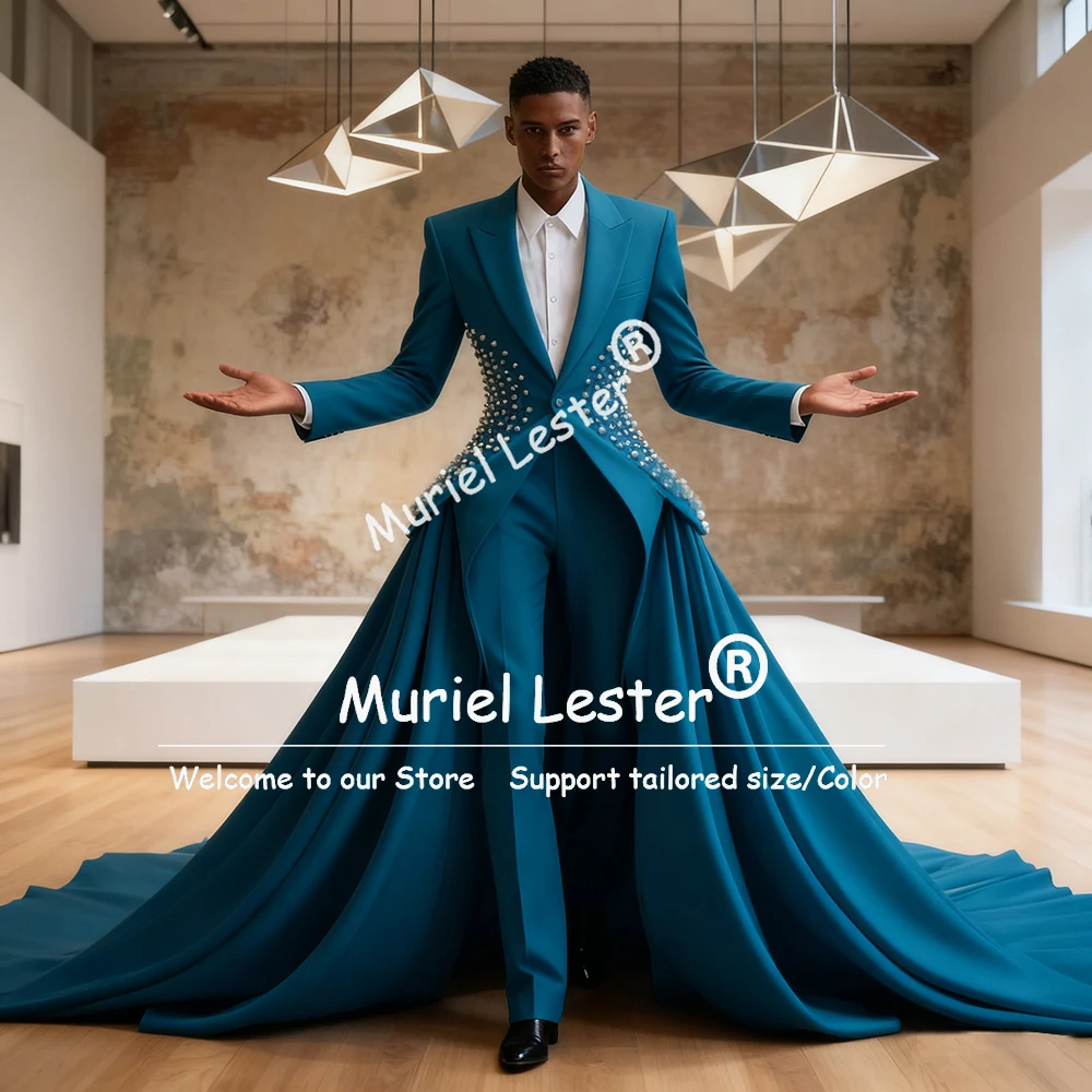 

Bright Pearls Wedding Suits For Men Notched Lapel Male Prom Blazers With Moved Train Groom Tuxedos 3 Pieces Sets Costume Homme