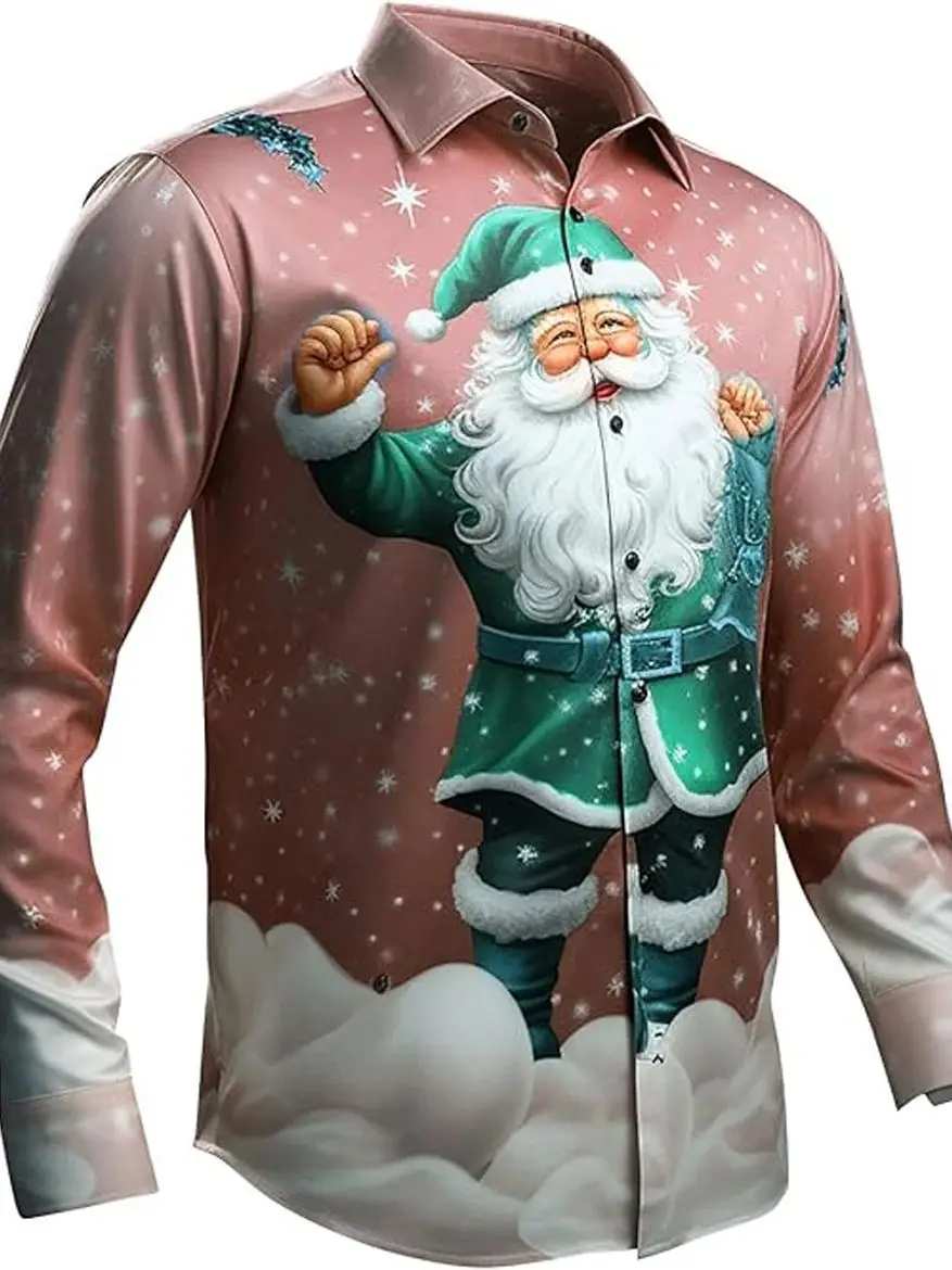 

Men's Claus Funny 3D Printed Shirt Long Sleeve Lapel Soft Fabric Hawaiian Outdoor Shirt Men New Year Part Gift Luxury Clothes