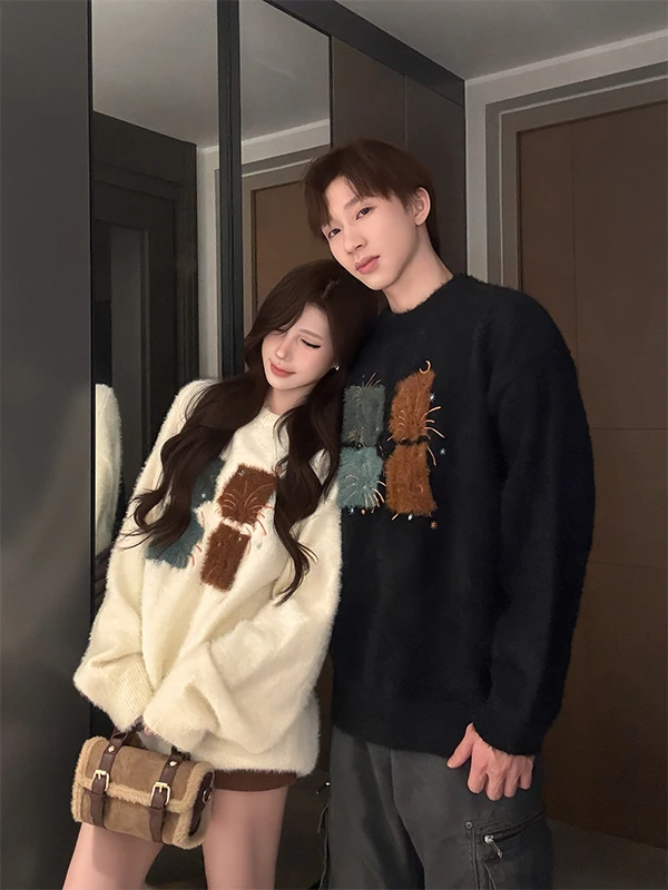 

Парные вязаные свитера унисекс: мягкие, повседневные, из полиэстера, для зимы, в университетском стиле, с длинным рукавом