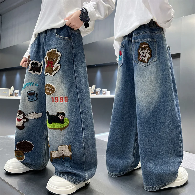 Autumn Children's Wide Leg Jeans for Boys High Fashion Streetwear Denim Pants Trendy Kids Trendy Trousers with Towel Embroidery