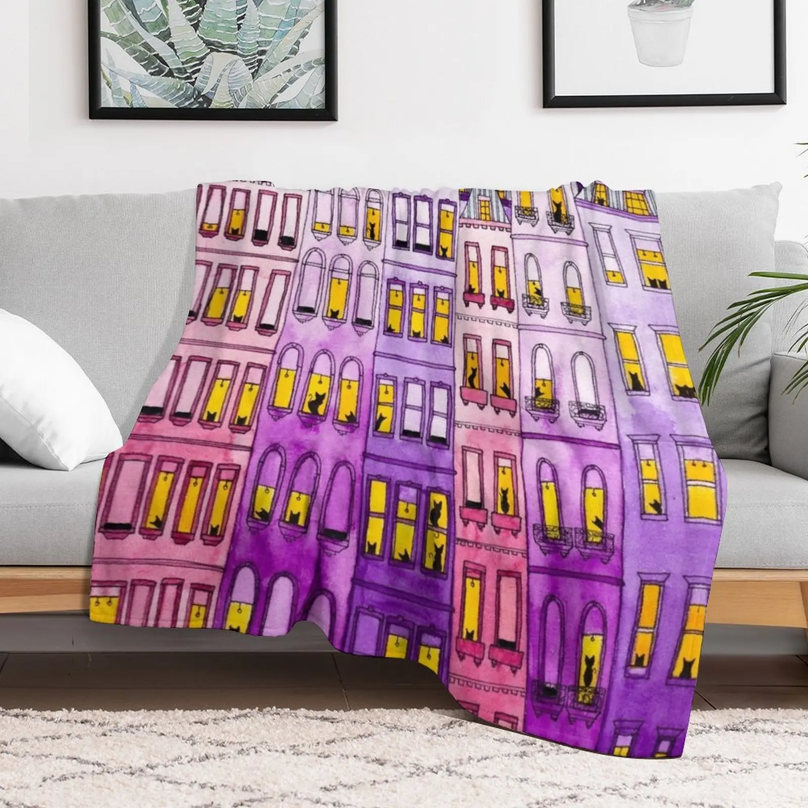 Pink & Purple Townhouse Cats Throw Blanket Luxury for sofa Blankets