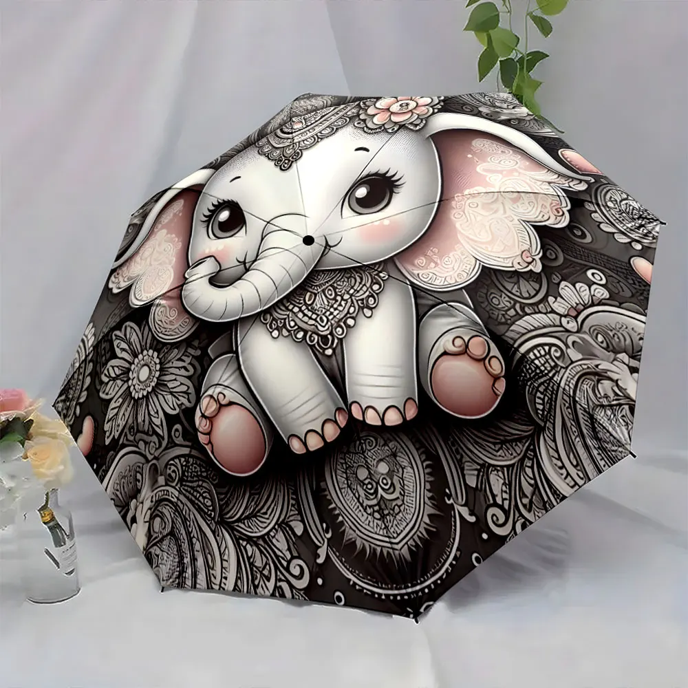 1PC Adorable Elephant-Themed Umbrella with Intricate Patterns Print 8 Iron Ribs Folding Umbrella Auto-Open Fashion Sunshade