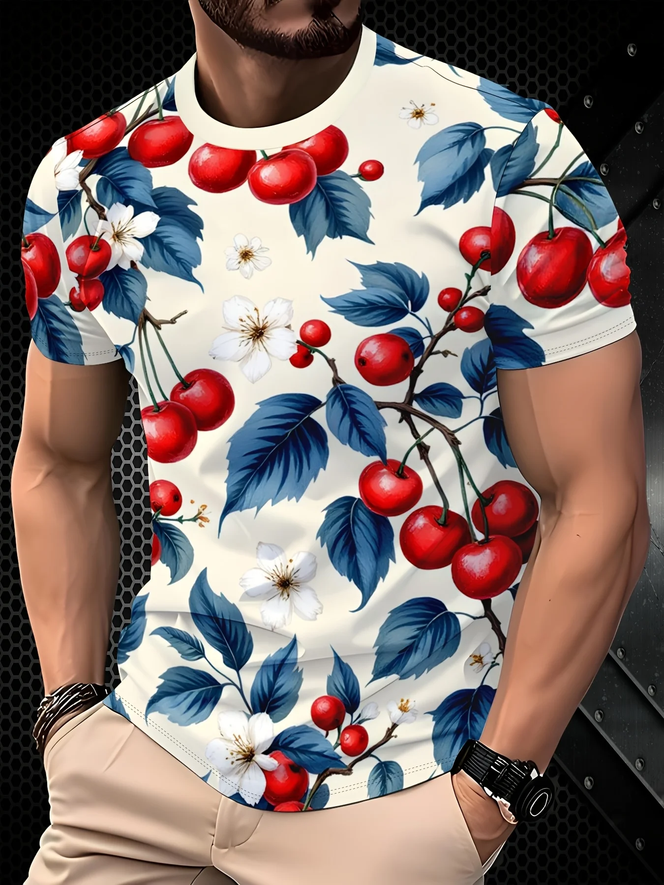 Men's Red Cherry White Floral Leaf Print T-Shirt O-Neck Short Sleeve Fruit Casual Tops