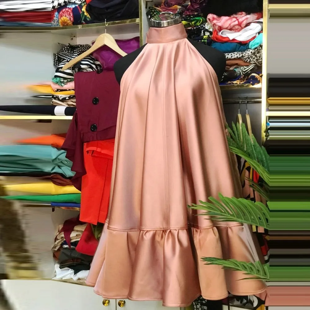 

High Neck Sexy Back Cocktail Dress A Line Satin Loose Yong Girls Holiday Dress Backless Birthday Prom Gowns