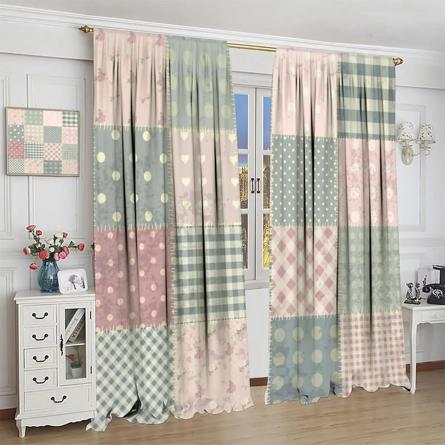 Vintage Boho Floral Curtains Antique Chic Authentic Patchwork Print Window Drapes for Bedroom Living Room Kitchen Cafe