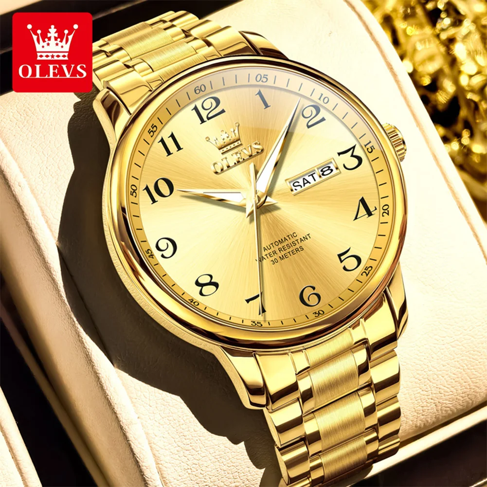 

OLEVS новые автоматические мужские часы с большой цифровой шкалой, классические водонепроницаемые светящиеся деловые механические мужские часы с двойным календарем 7072