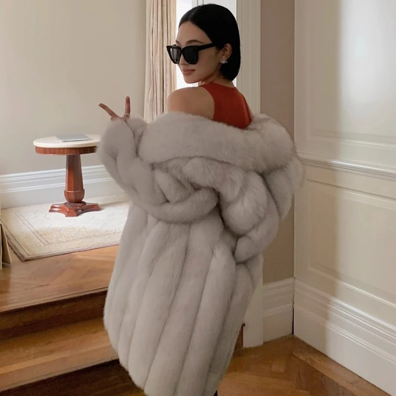 YOLANFAIRY autumn and winter Imported whole fox fur Suit-style fur coat woman turn-down collar long sleeve дубленка женская 2025