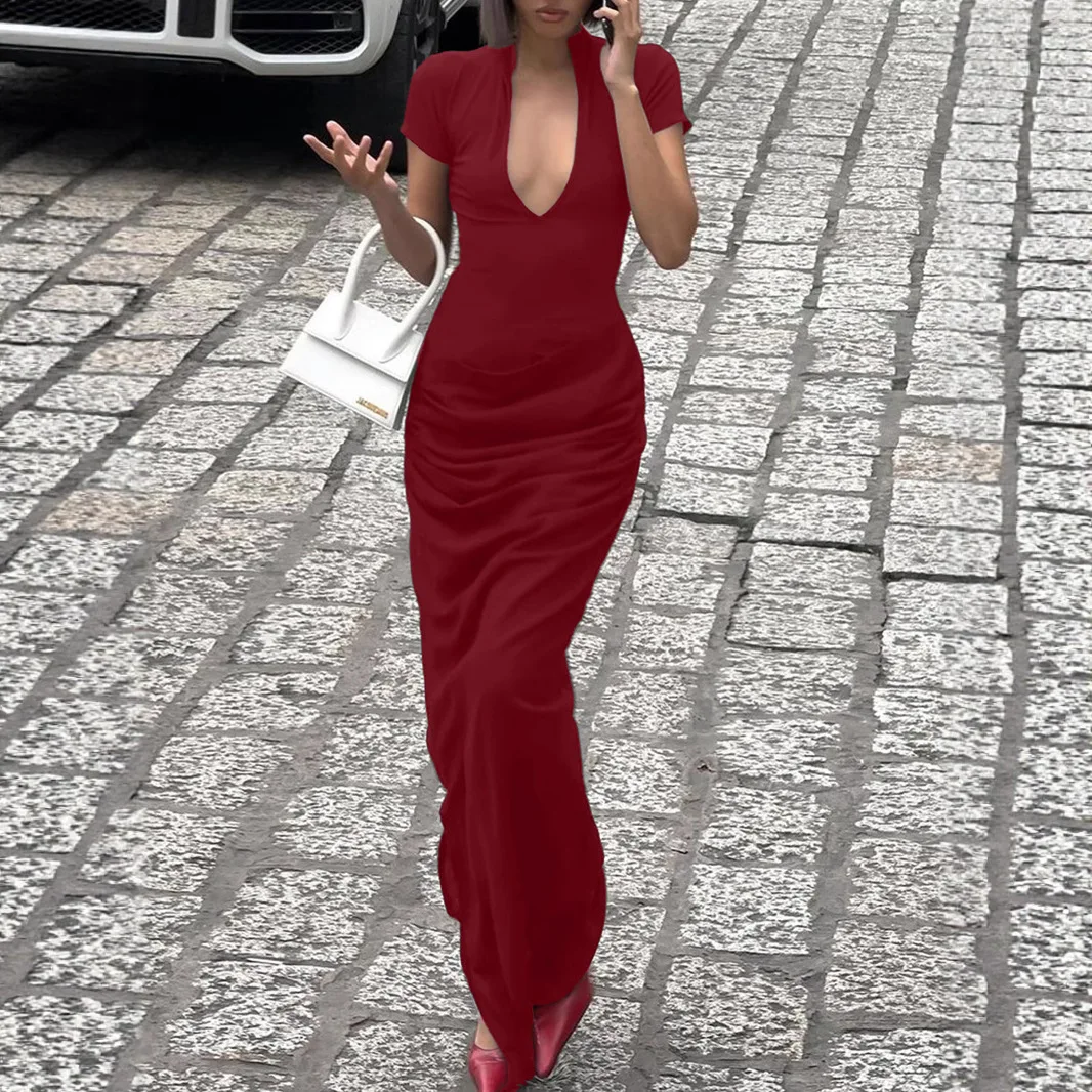 

2025 Summer New Women's Sexy Casual Short Sleeved Solid Color Pleated Long Dress