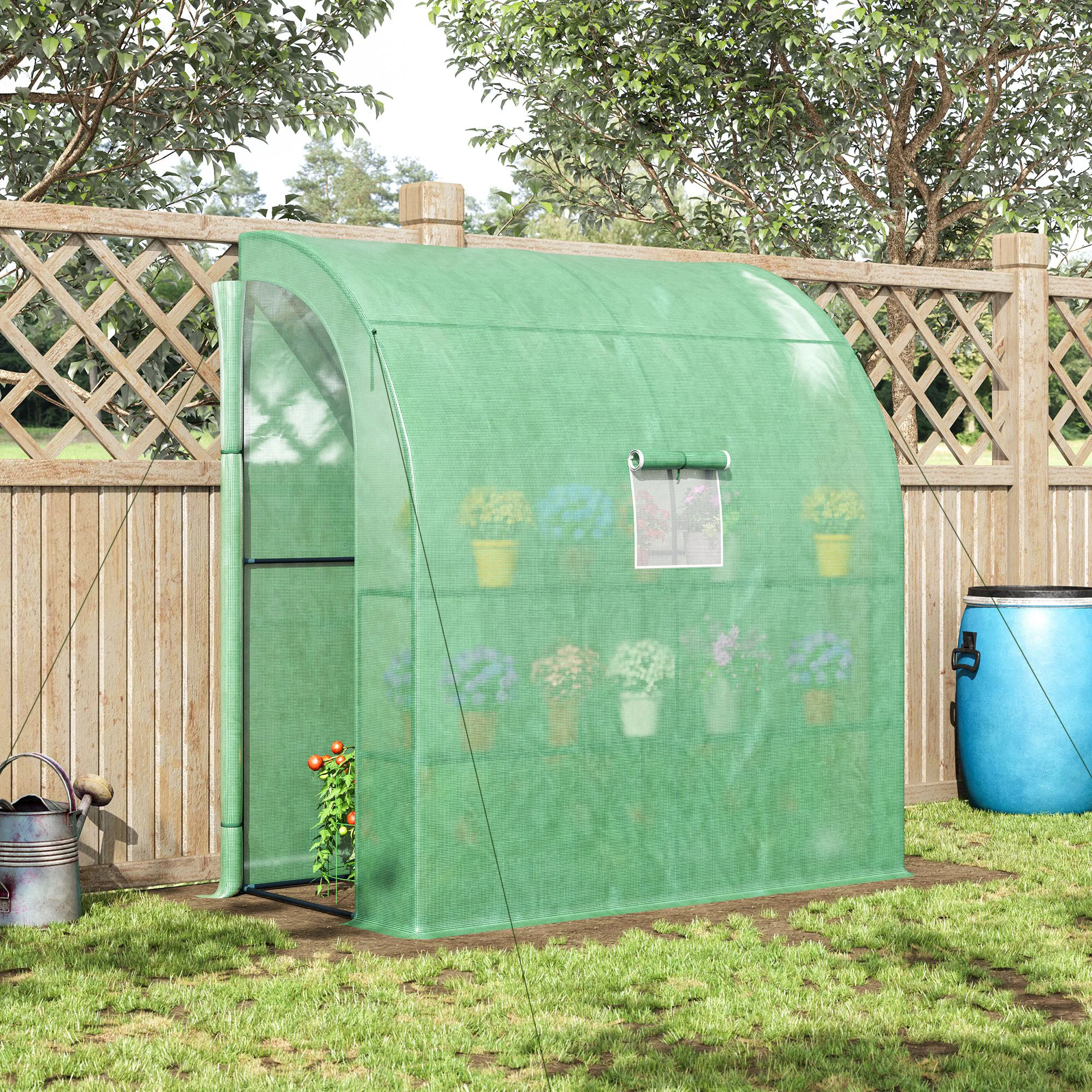 7x3x7ft Lean-to Walk-in Greenhouse, Plant Nursery with 2 Roll-up Doors, Windows, PE Cover & 3 Wire Shelves, Green