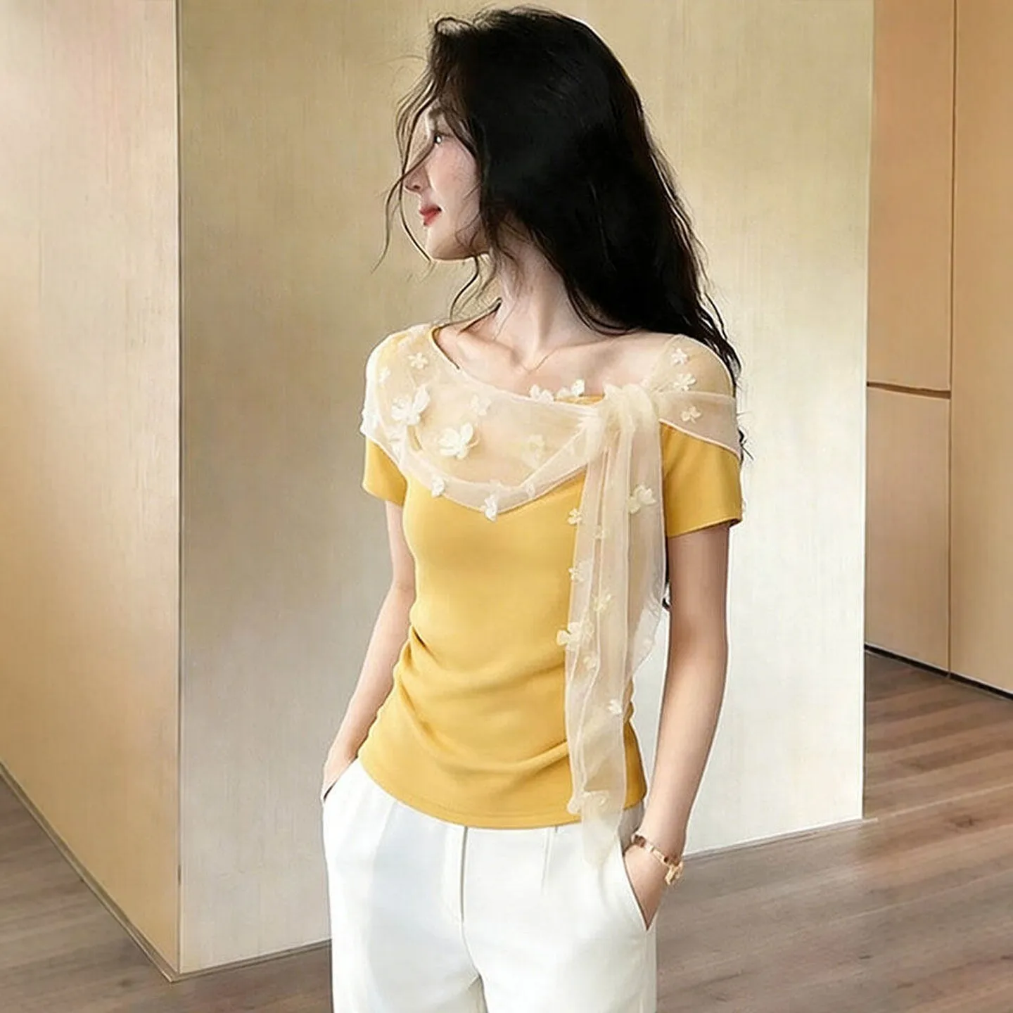 

Yellow Mesh 3D Flower Splicing Short Sleeve Knitted Women's Summer Dopaamine Slimming Personality Top Korean Style Breathable...