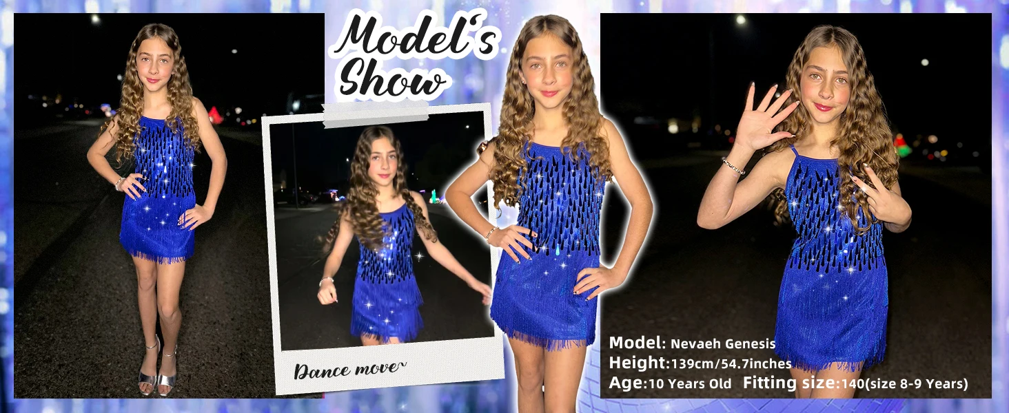 LOlanta 2 Stücke Mädchen Pailletten Latin Dance Kleid Quaste Salsa Dancewear Pailletten Fransen Kleid Leistung Outfits – Detail 9