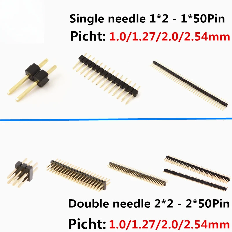 10PCS 1.0mm 1.27mm 2.0mm 2.54mm Pin Header Double Row Male 1/2~40P Breakaway PCB Board Connector Strip Pinheader 1*2/2P 4P 6-50p