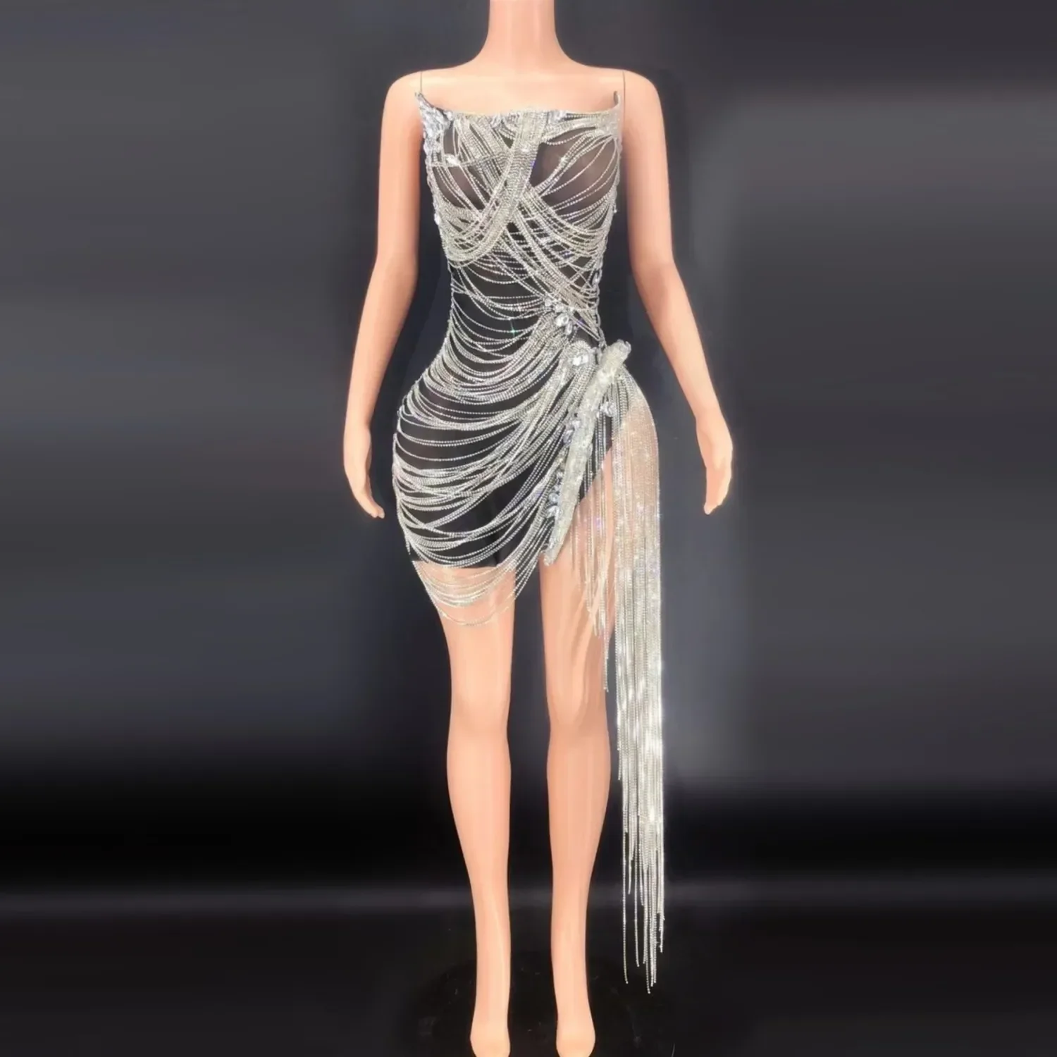 하이 퀄리티 빛나는 다이아몬드 긴 술, 우아한 이브닝 파티 원피스, 섹시한 스트랩리스 민소매 미니 원피스