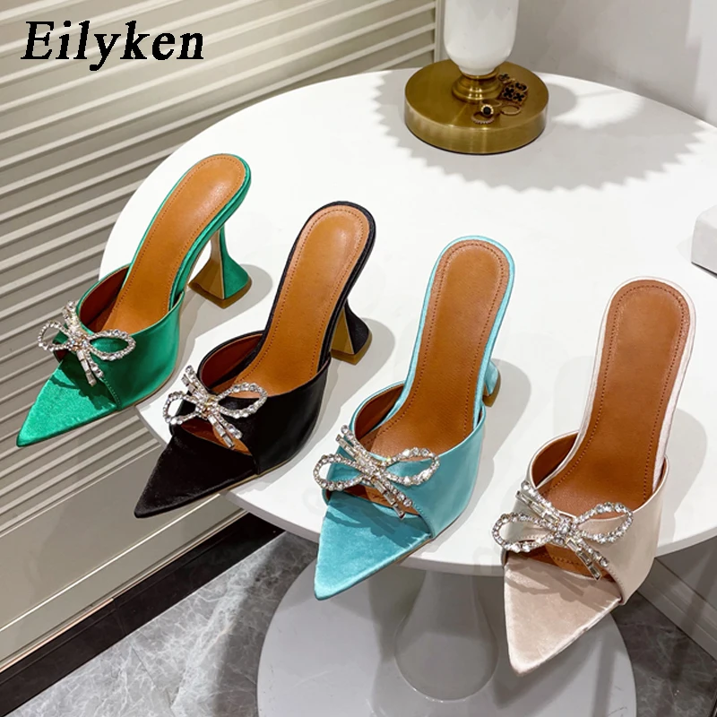 Eilyken Summer Butterfly-knot Pointed CRYSTAL Thick Heel Slippers Sexy Street Woman Square Toes Dress Shoes Zapatilla de mujer