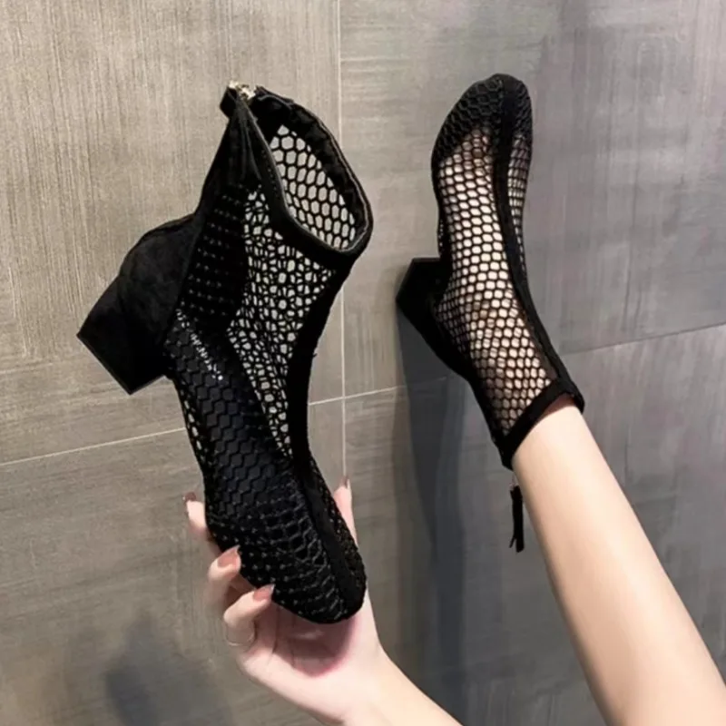 mesh short tube women's boots new summer breathable high heels thin cut hollow thick heel cool boots women's fashionable sandals