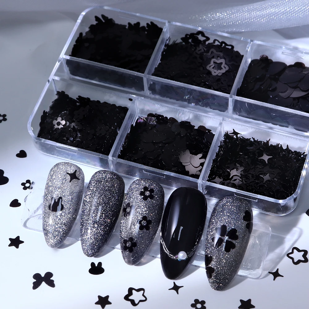 Halloween Pailletten Nail Art Decoratie Zwarte Bloem Vlinder Liefde Hart Vlokken DIY Manicure Accessoires Gotische Nagel Charmes Ontwerp