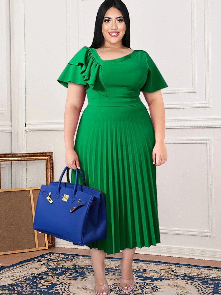 

Spring and Summer New Style Women Pleats Dress Slanted Shoulder Temperament Office Lady Casual Dress Plus Size Party Ruched Gown