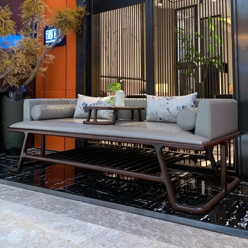 Chinese-style North American black walnut Arhat bed office leather double seat sofa Song-style aesthetic solid wood furniture