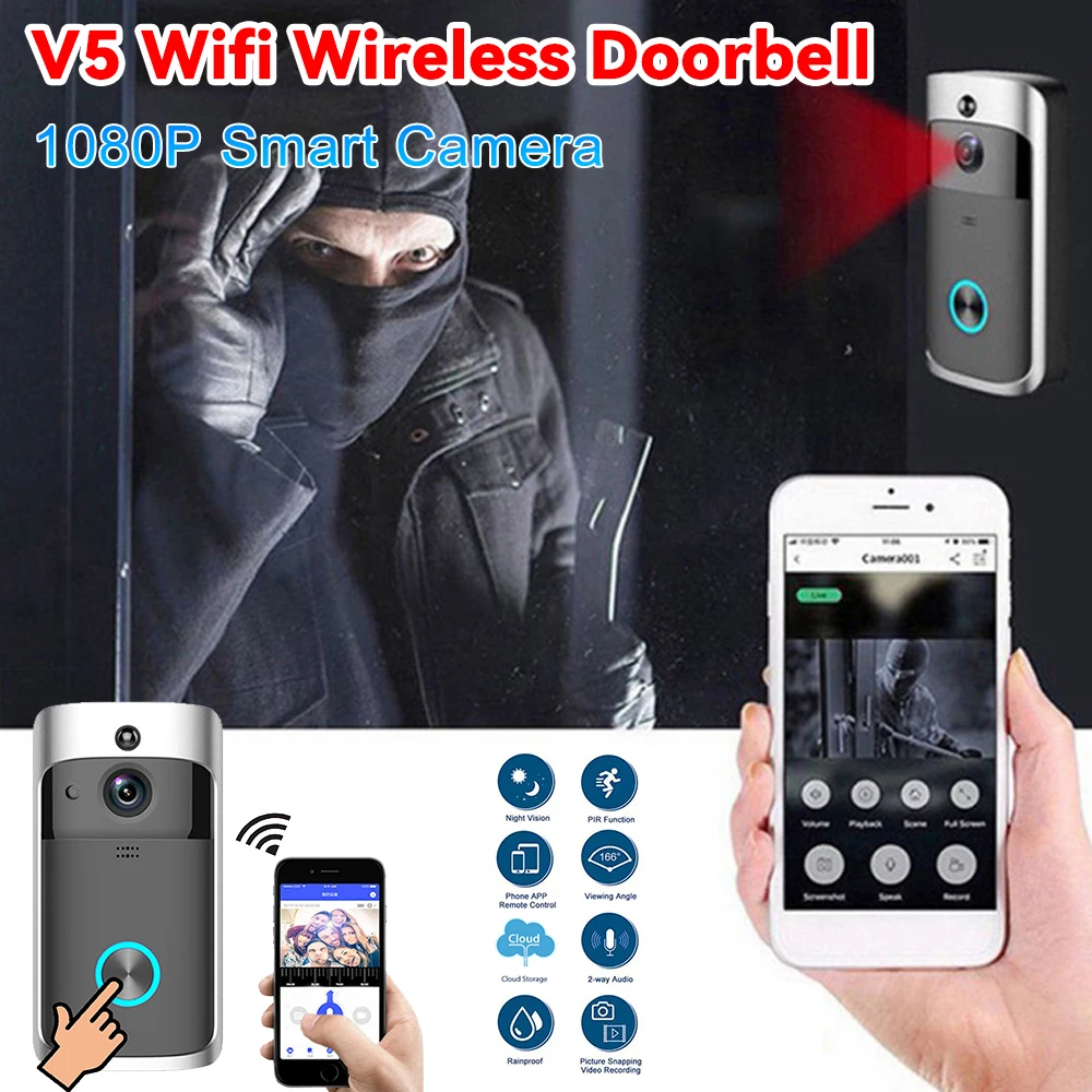 V5 Wireless Smart Doorbell Night Vision 720P HD Voice Intercom Doorbells PIR Detection Motion Sensing Security Protection Device