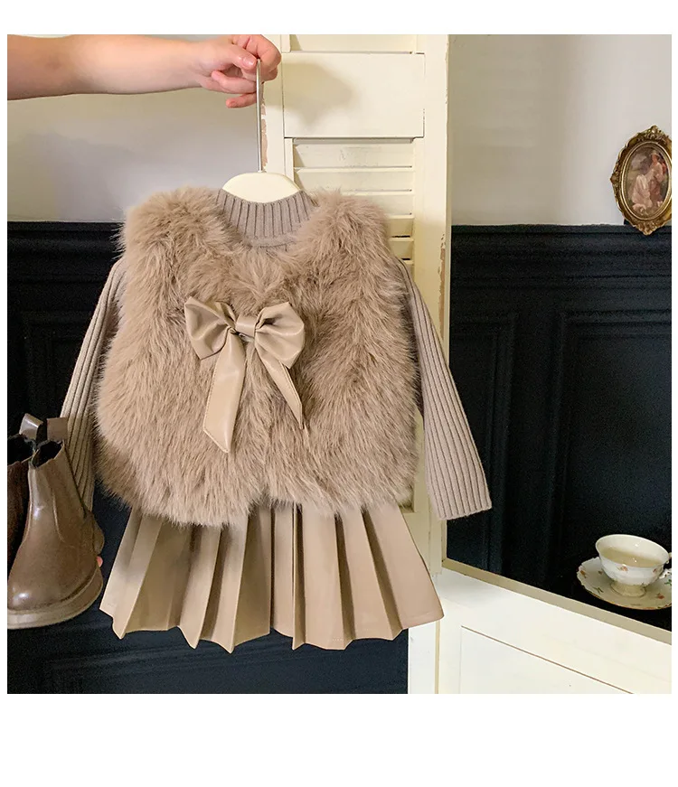 

Kid Girl Winter Outfit Three Piece Set Dress Ribbed Turtleneck Sweater Pleated Faux Leather Skirt Furry Vest Bow Children Skirt