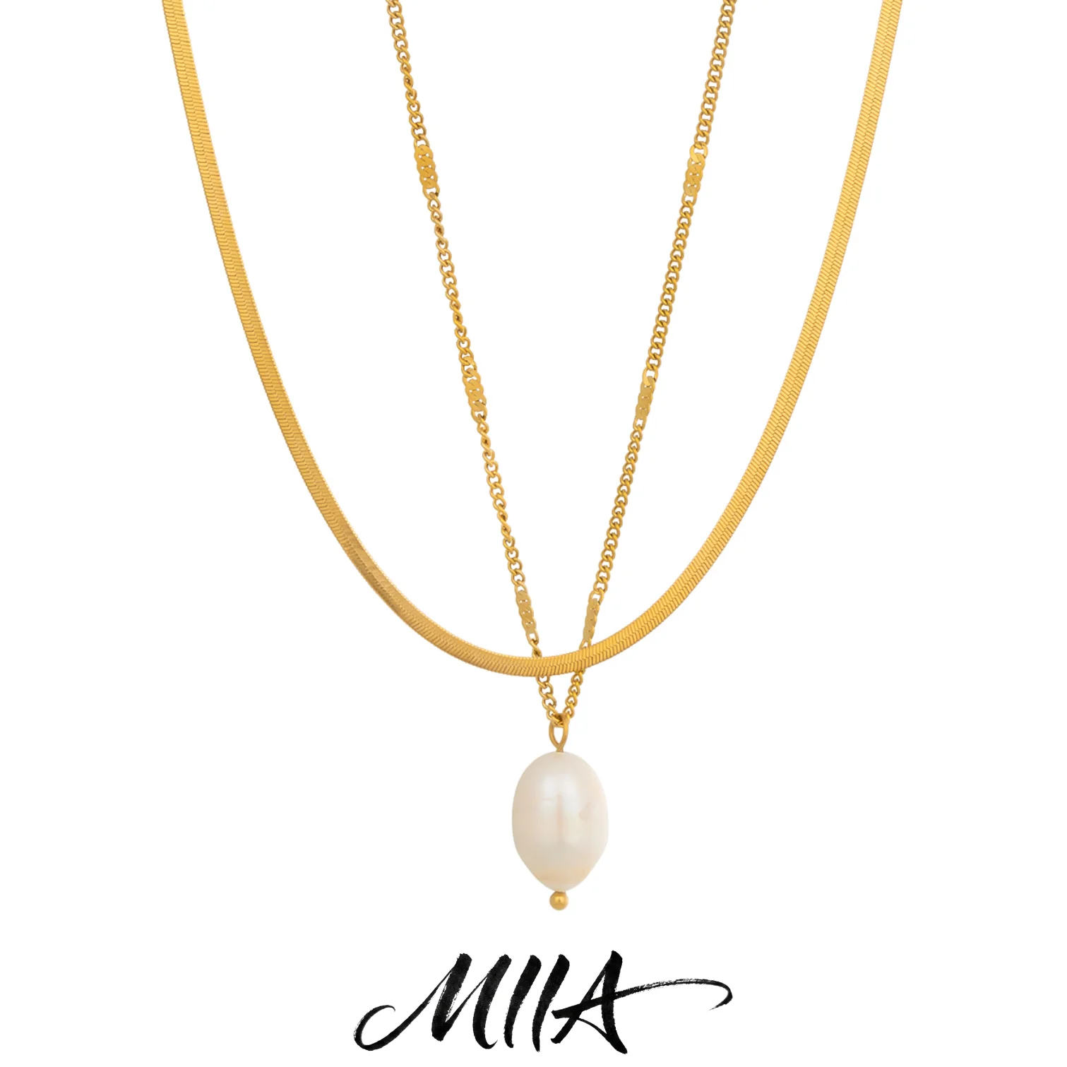 Miia Stainless Steel Double Layer Chain Pearl Pendant Necklace Water Resistant Metal Fashion Statement Flat Snake Chain Jewelry