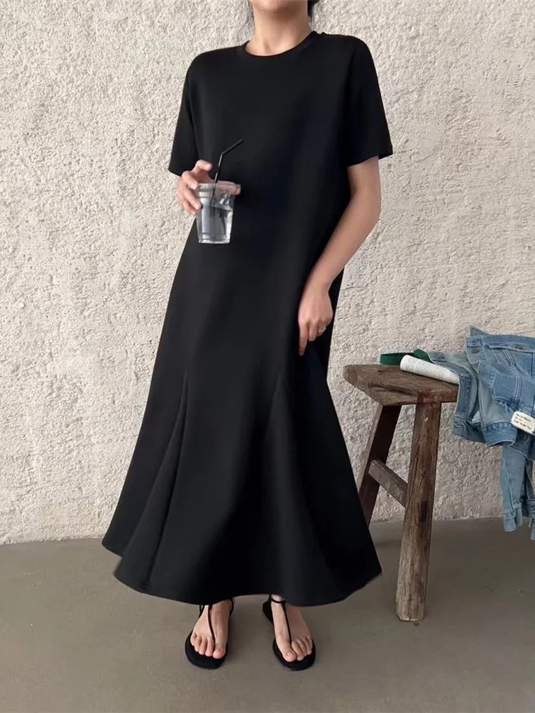 T-shirt ample Dr femmes coréennes Sle sur le genou été nouvelle grande taille décontracté Fi Tail ort Sve Dr jupe trapèze