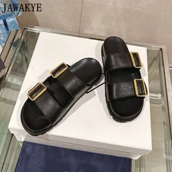 Luxury Leather Suede Flat Slippers Women Belt Buckle Mules Dress Slides Causal Comfortable Beach Shoe Walking Slippers For Women