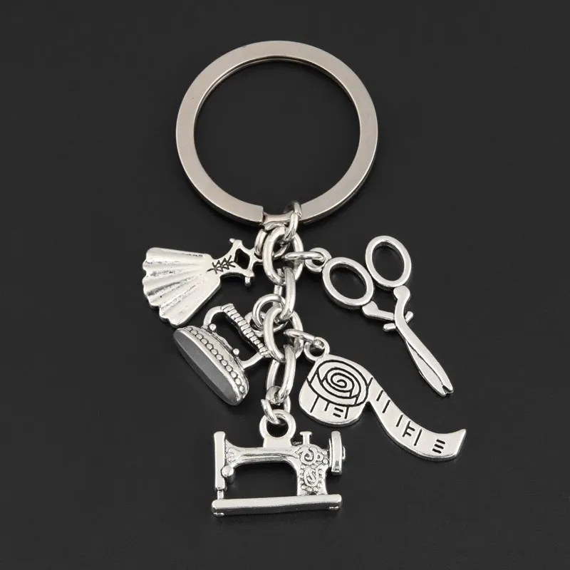 New Sewing Machine Keychain Tailor Keychain Iron Tape Measure Scissors Dress Keychain Ladies Gift DIY Jewelry Handmade