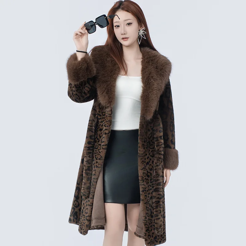النمط الأمريكي أزياء فضفاضة سميكة الدافئة فو الفراء معاطف للنساء خمر ليوبارد أنيقة تنوعا معطف طويل جواكت شتوية #4