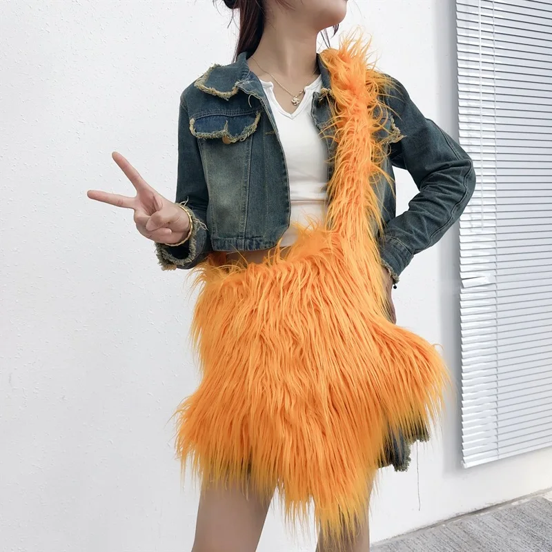 Y2K Faux Fur Crossbody Bag Women Fluffy Long Hair Shoulder Bag Multi-color Large Capacity Messenger Bag Fashion Dopamine Handbag