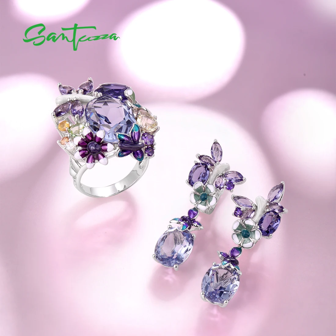 SANTUZZA Silver Jewelry Set For Woman 925 Sterling Silver Sparkling Purple Butterfly & Flower Ring Earrings Set Fine Jewelry