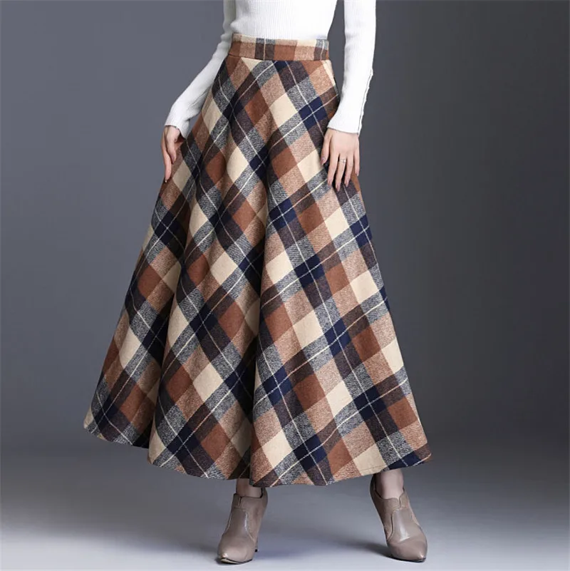 2025 Autumn Winter New Plus Size Woolen Midi Skirt High Waist Color Block Plaid Flared Skirt Summer Dress Robe Vestido Women