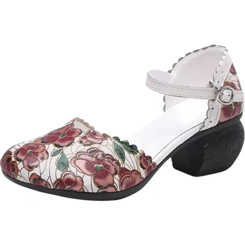 Women Real Leather Print Closed Toe Block Heel Sandals Summer New Soft sole Non Slip Hollow Out Ethnic Style Round Toe Sandals