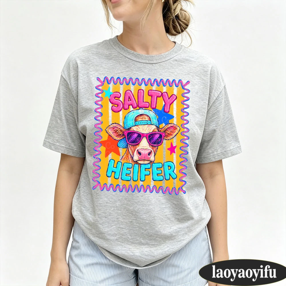 Western Summer Salty Heifer Cow Neon Border Cartoon Graphic Women T-shirt Fashion Cotton Short Sleeve Casual Tee Streetwear
