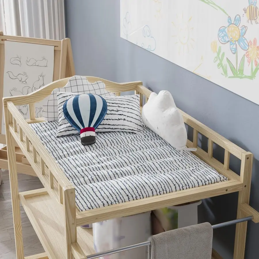 طاولة تغيير حفاضات الأطفال من خشب الصنوبر مع أرفف تخزين، محطة تغيير حفاضات الحضانة المحمولة للرضع، غرفة الأطفال، غرفة النوم #6