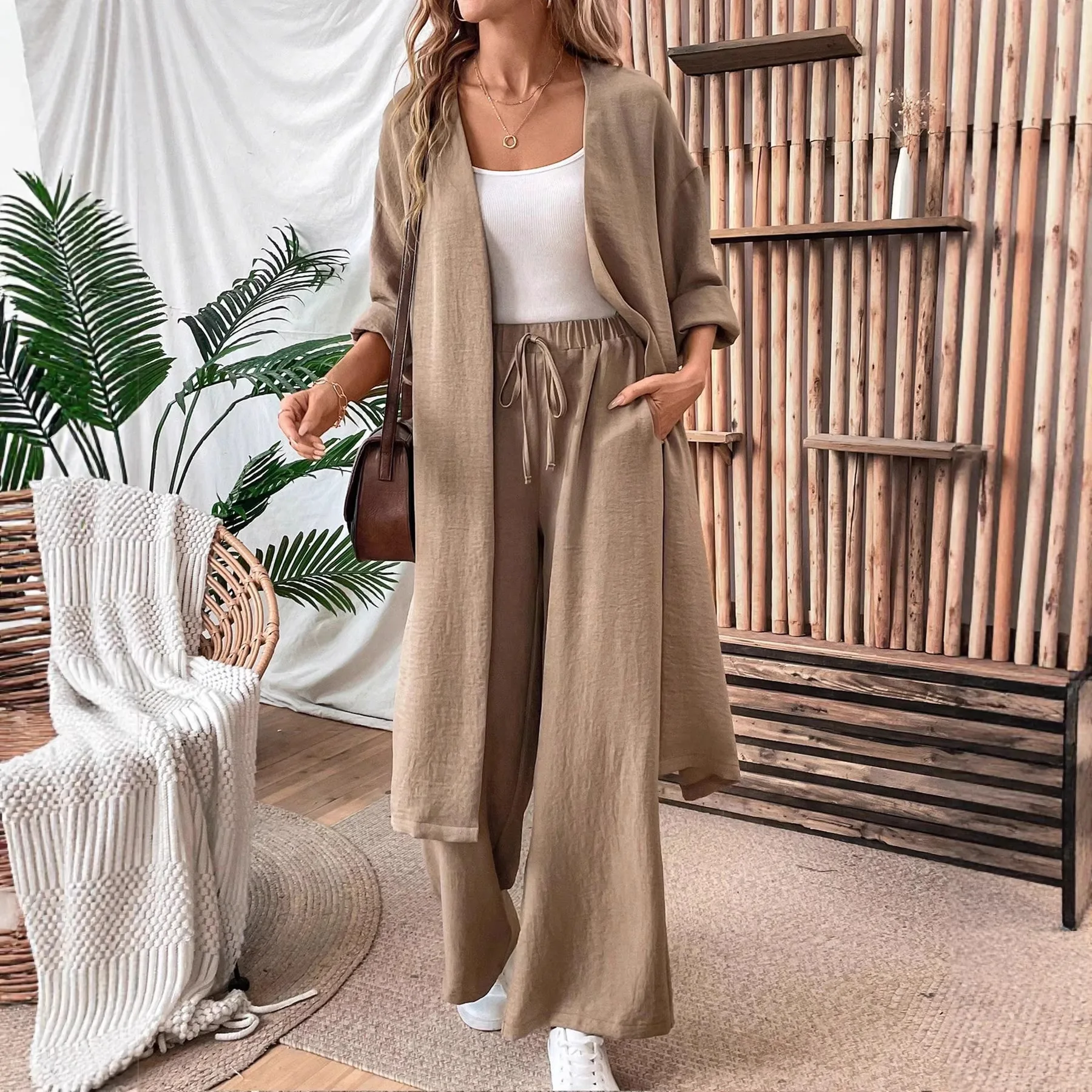 Autumn Fashion Set High Waist Long Pants Female Suit Casual Long Sleeve Set Wide Leg Pants Two Piece Set Slimming Effect Spring
