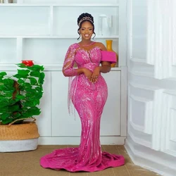 Robe de Rhsirène rose chaude pour filles noires, Aso Ebi, dentelle africaine, grande taille, soirée, robe de soirée de mariage, train de balayage, robe éducative