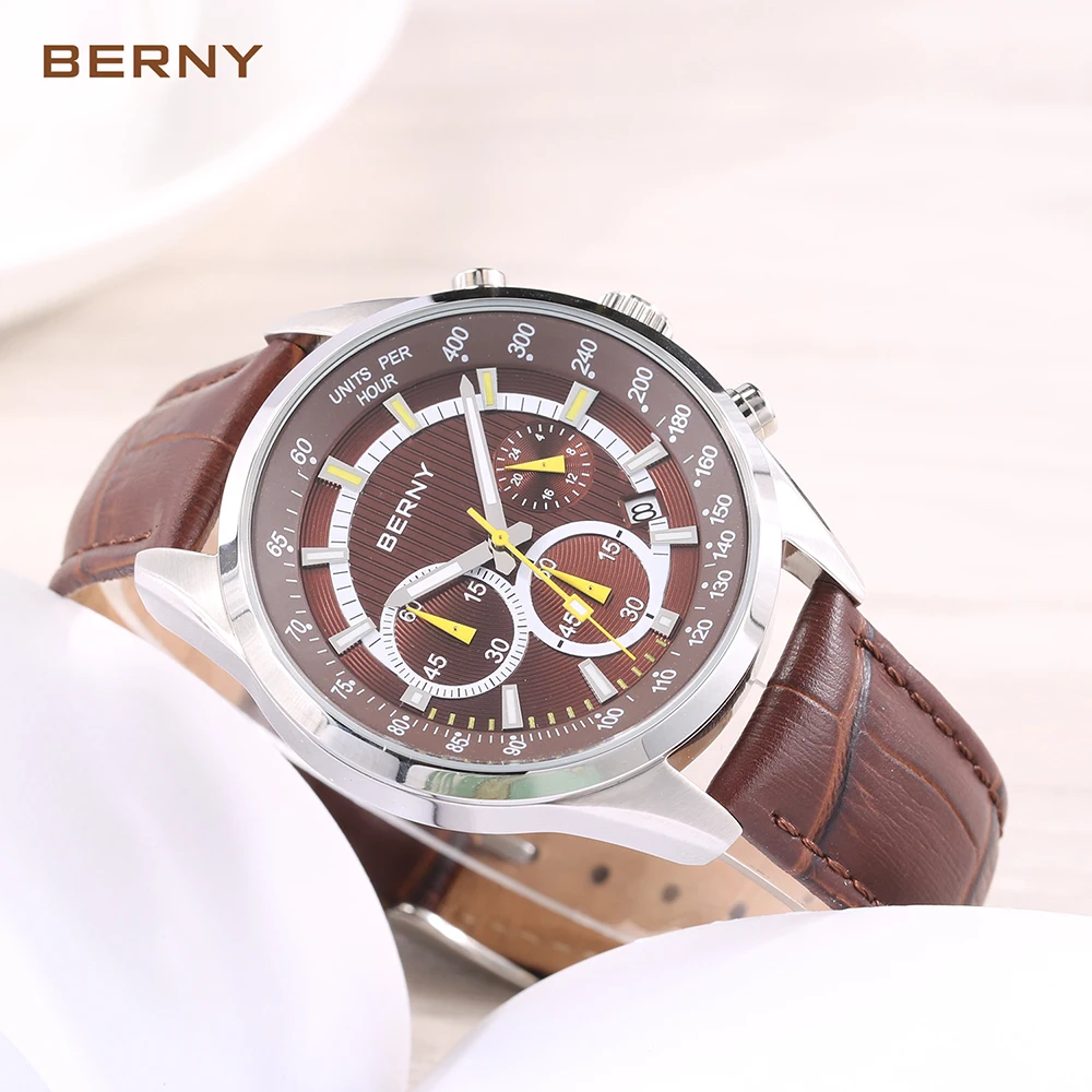 BERNY Men Quartz Sports Wristwatch BERNY VD55 Date Leather Strap Chronograph Men Watch Top Brand Luxury Luminous Watch for Men