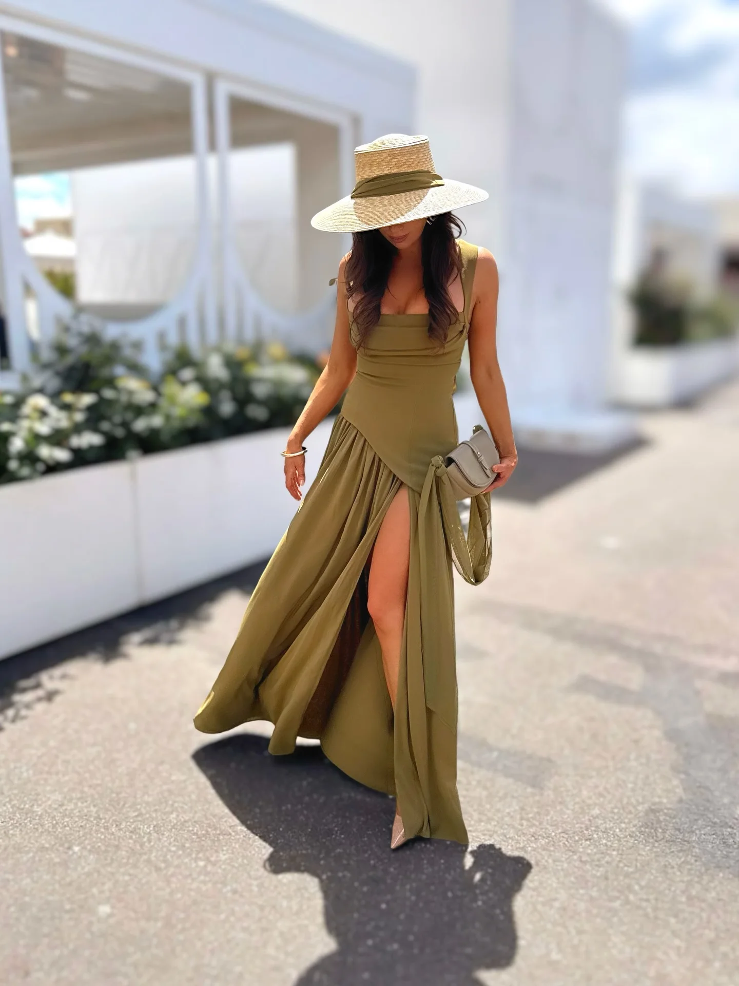 Suninheart Green Dress Women's Evening Dress with Scarf - Lace Up Back High Slit Party Maxi Bodycon Dress for Vacation Wedding