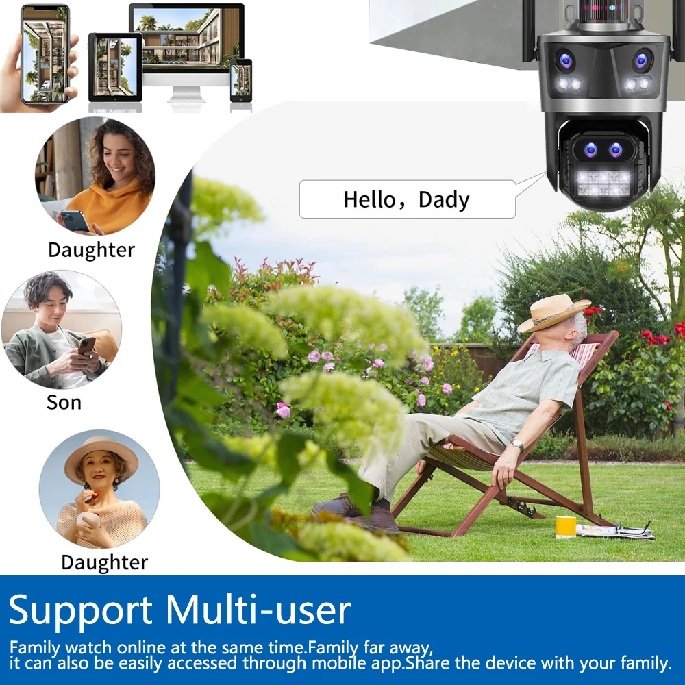 16MP 8K WiFi IP Camera Outdoor 8x PTZ Zoom Four Lens Three Screen 360° AI Auto Tracking Home Security CCTV Surveillance Camera