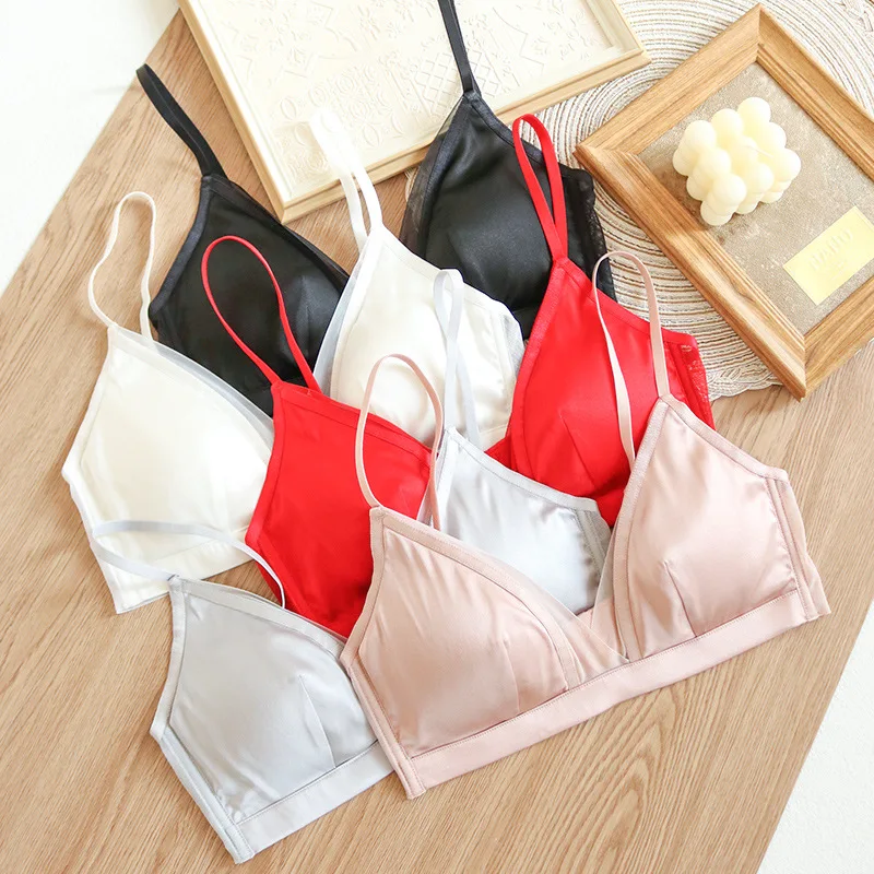 

Silk Wirefree Women Comfortable Bra Detachable Satin Mulberry Silk Thin Seamless Underwear Large Size High Quality Lingerie