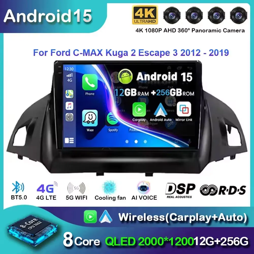 Android 15 For Ford C-MAX Kuga 2 Escape 3 2012 - 2019 Car Radio Navigation GPS Multimedia Video Player No 2din 5G BT Auto Stereo