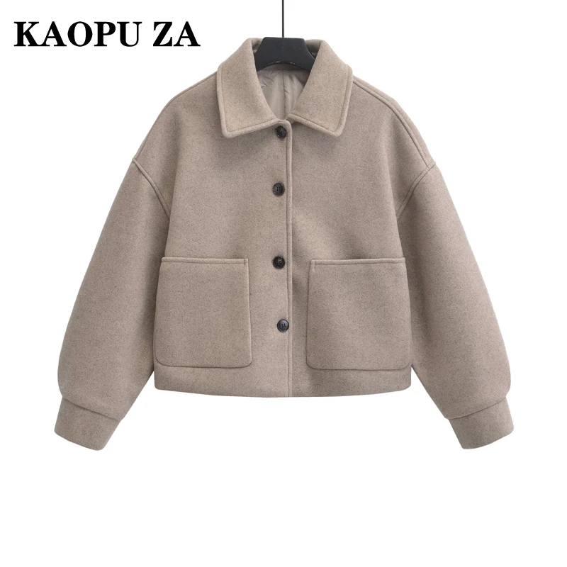 KAOPU ZA 2024 Autumn/Winter Woman Casual Solid Color Long Sleeve Jacket Female Vintage Single-breasted Turn-down Collar Coat Top