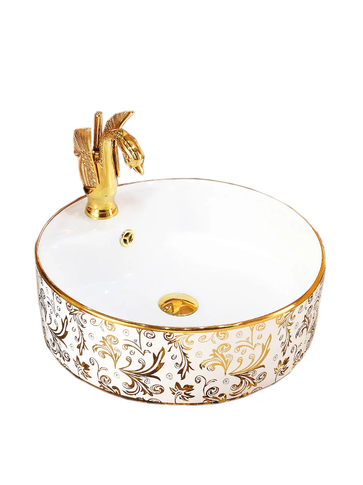 New style flower design wholesale ceramic round plating golden art basin from Chinese supplier