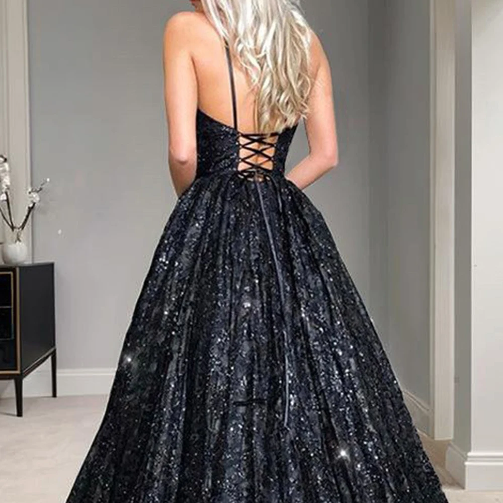 Spaghetti Straps Black Evening Dresses For Women Sequin Tulle A Line V Neck Backless Vestido De Gala Wedding Formal Party Gowns