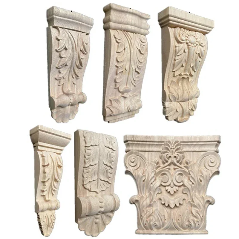 Retro Vintage Wood Carved Onlay Applique Carpenter Frame Decal Furniture Decoration Wooden Craft Decorative Gate Flower Ornament