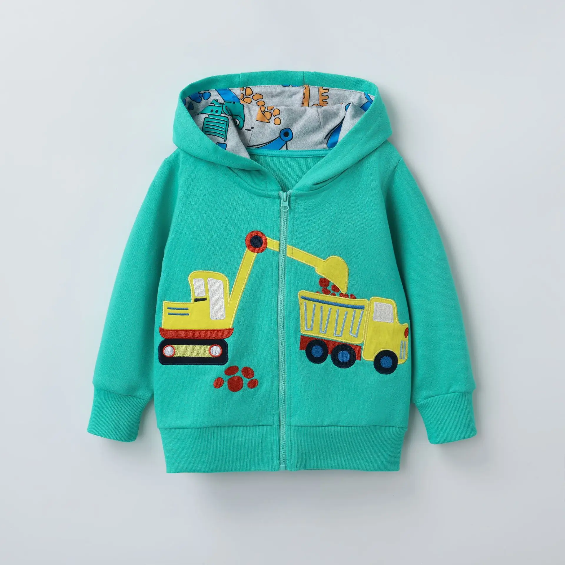 Autumn Winter Sweatshirt Long-sleeve Boys' Hoodie Children Cartoon Excavator Zipper Green Kids' Sweatshirt Top Jackek Daily Wear