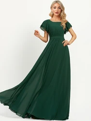 XUIBOL Women Chiffon Evening Dress Ruffe Sleeve A Line Green Wedding Party Dresses Floor Length O-Neck Robe De Soriee Prom Gowns