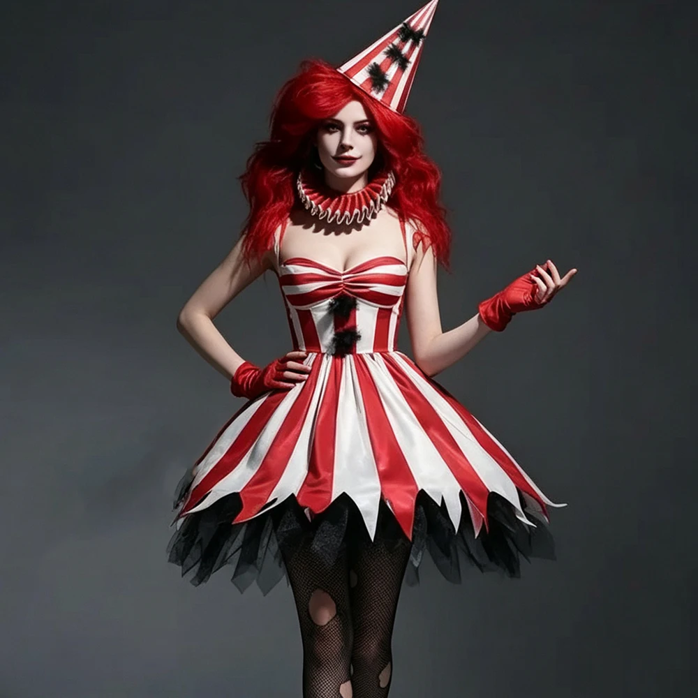 Zawaland Clown Costumes Dress for Women Adult Carnival Party Scary Outfits Halloween Parade Clown Cosplay Dresses